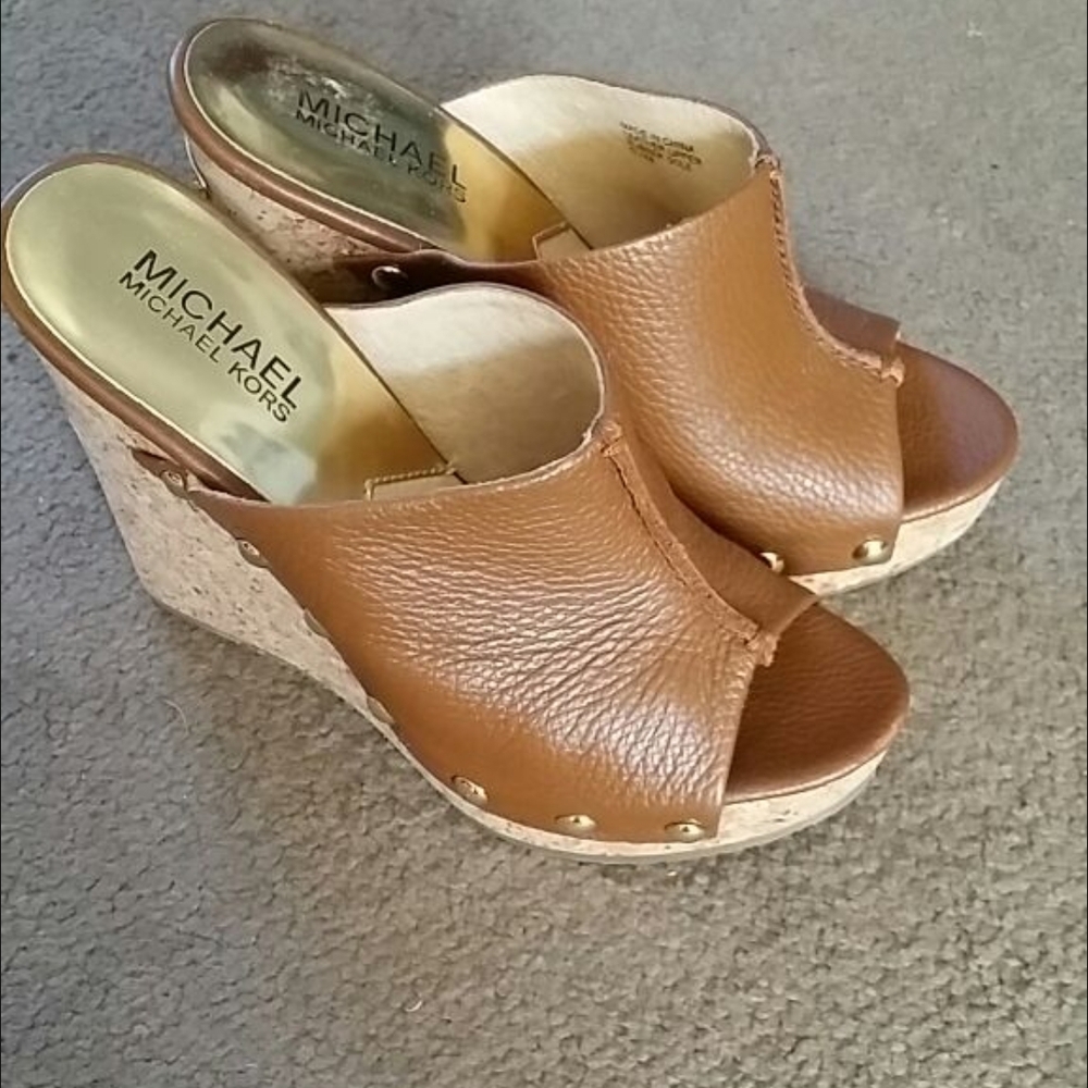 Michael Kors Tan Leather Wedge Sandals